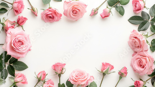 A floral frame made of pink roses and green leaves, beautifully arranged on a white background, perfect for invitations and greeting cards.