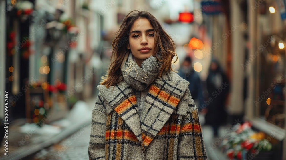 Candid street style photo of a fashionable woman in a trendy oversized coat, walking through a European city Candid street style photo of a fashionable woman in a trendy oversized coat, walking through a European city