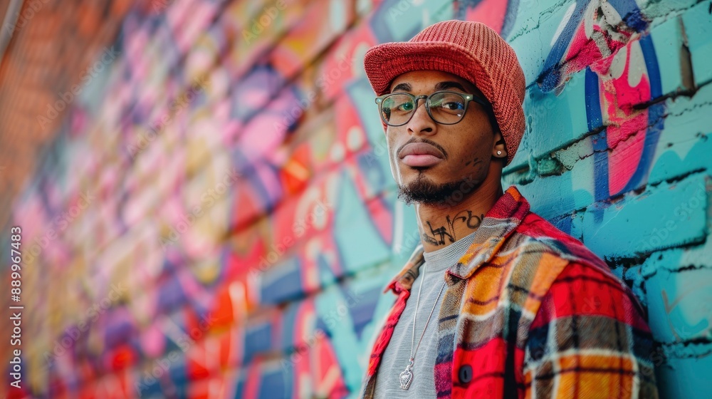 Obraz premium Fashionable young man in trendy streetwear, posing confidently against a colorful graffiti-covered wall