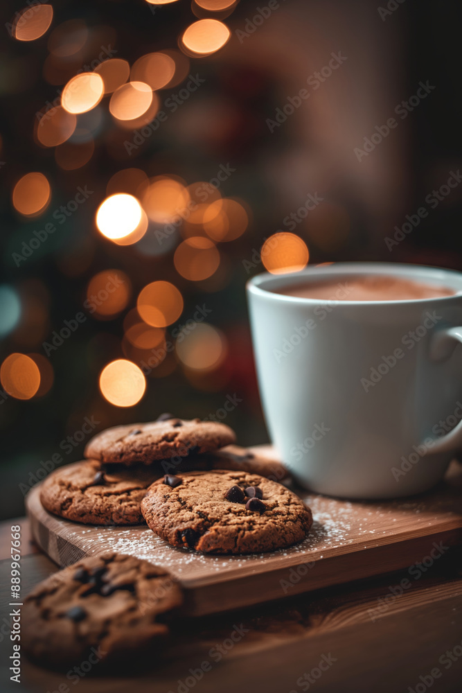 Warm Cup of Coffee with Chocolate Chip Cookies and Holiday Lights Warm Cup of Coffee with Chocolate Chip Cookies and Holiday Lights