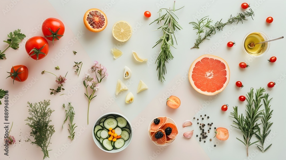 Beautifully Arranged Minimalist Flat Lay with Fresh Culinary Ingredients Beautifully Arranged Minimalist Flat Lay with Fresh Culinary Ingredients