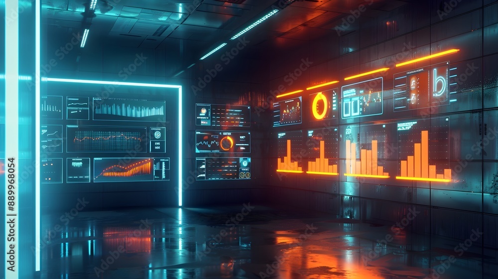 Fototapeta premium Futuristic Digital Analytics Dashboard with Neon Lighting Promoting Brand Loyalty