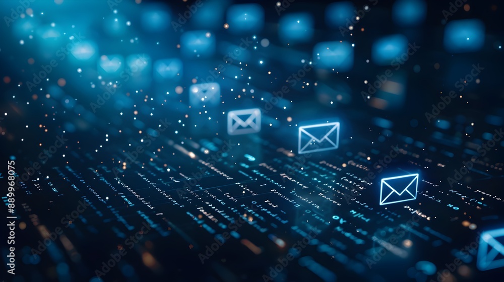 Obraz premium Digital Marketing Technology Backdrop with Email Icons for Increased Reach and Engagement