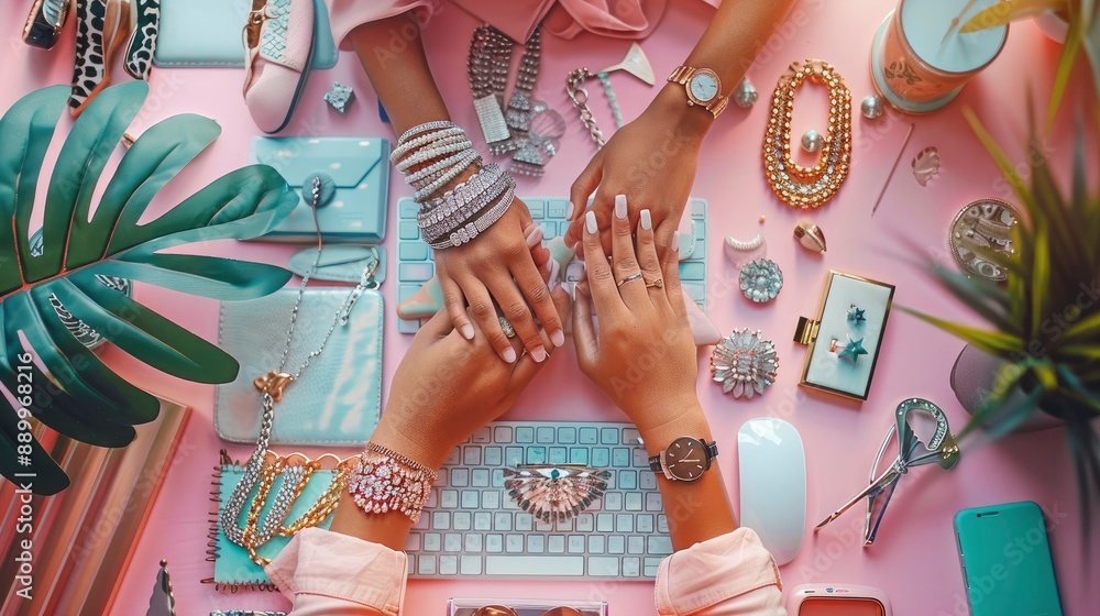 Fototapeta premium Close-up of a fashion blogger's hands arranging flat lay accessories for a stylish Instagram post