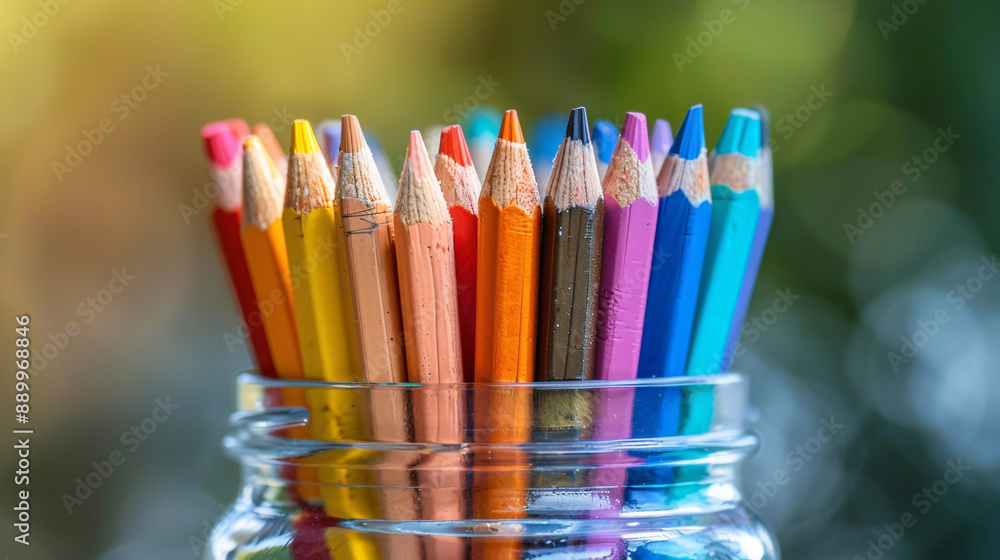 Fototapeta premium A glass jar filled with a rainbow of colored pencils, perfect for art projects and creative expression.