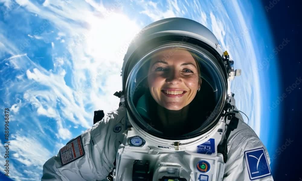 Strong Female Astronaut Floating Outside Spaceship - Waving to Camera Strong Female Astronaut Floating Outside Spaceship - Waving to Camera