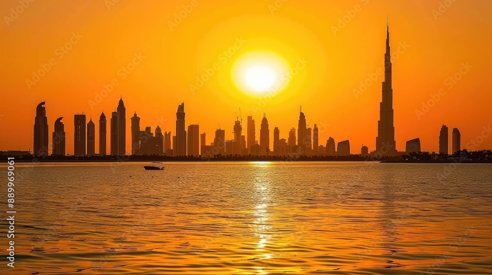 Obraz premium A majestic view of the skyline at sunset, with the city's skyscrapers silhouetted against the orange sky