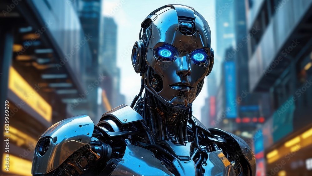 Futuristic Robot in City. Futuristic Robot in City.