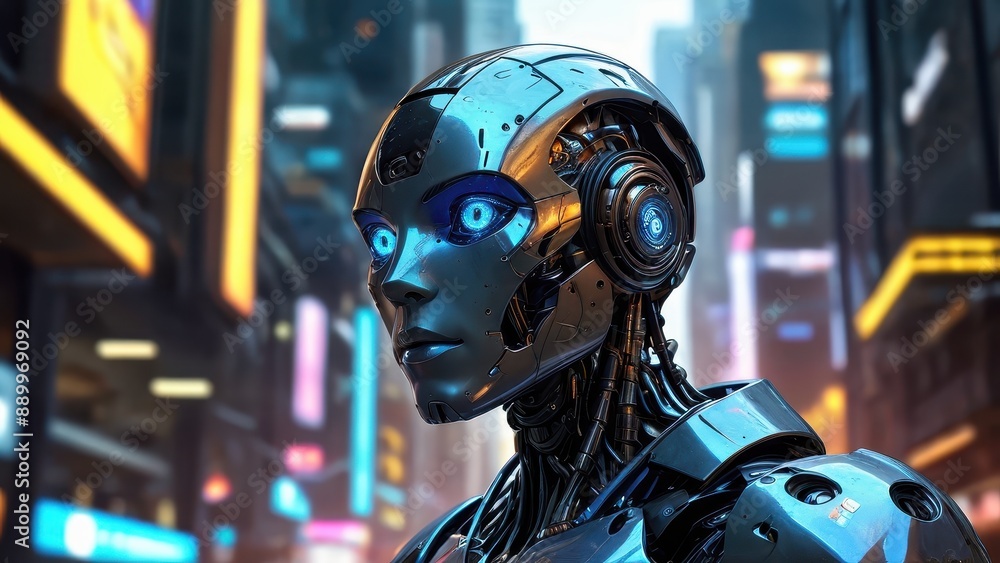 Futuristic Robot Woman in City Futuristic Robot Woman in City