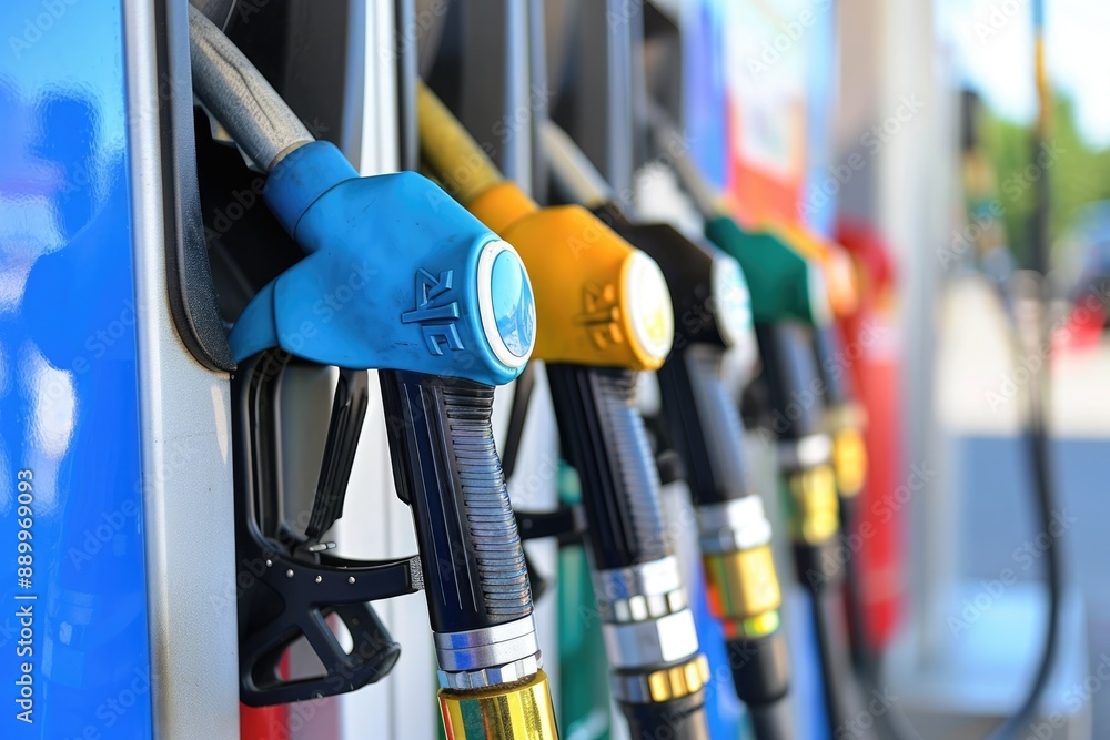 A row of colorful fuel nozzles is ready for filling at a gas station, with a bright blue nozzle in the foreground A row of colorful fuel nozzles is ready for filling at a gas station, with a bright blue nozzle in the foreground