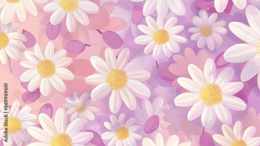 A soft, dreamy scene of delicate white daisies blooming on a background of pastel pink and purple hues A soft, dreamy scene of delicate white daisies blooming on a background of pastel pink and purple hues