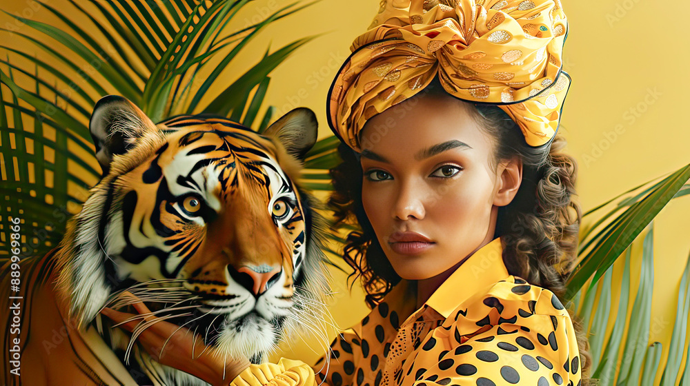 Beautiful women posing with her tiger pets. Magazine, fashion, tropic, party, pets.Generative AI Beautiful women posing with her tiger pets. Magazine, fashion, tropic, party, pets.Generative AI