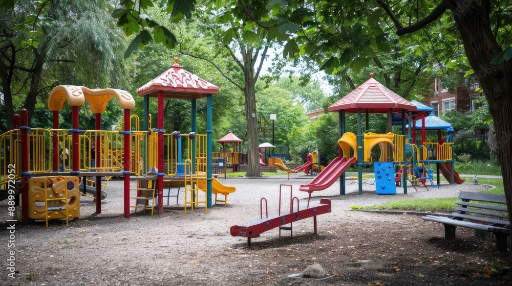 A colorful playground with a variety of equipment including seesaws, merry-go-rounds, and jungle gyms, set against a backdrop of a peaceful park.
