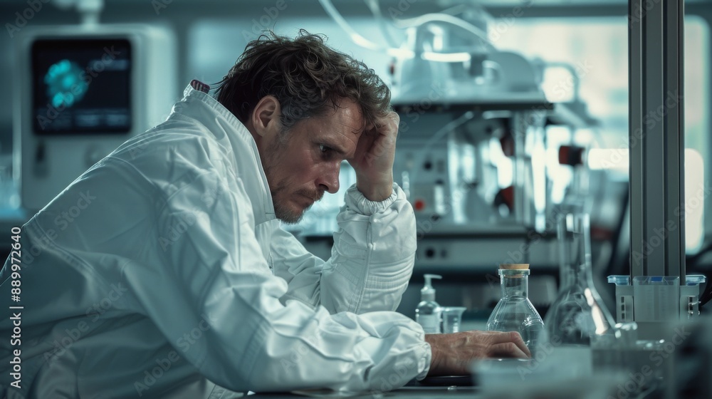 Stressed Scientist in High-Tech Laboratory Sitting in Front of Computer, Modern Setting with Hair Pulled in Desperation, Side View, High-Key Lighting Stressed Scientist in High-Tech Laboratory Sitting in Front of Computer, Modern Setting with Hair Pulled in Desperation, Side View, High-Key Lighting