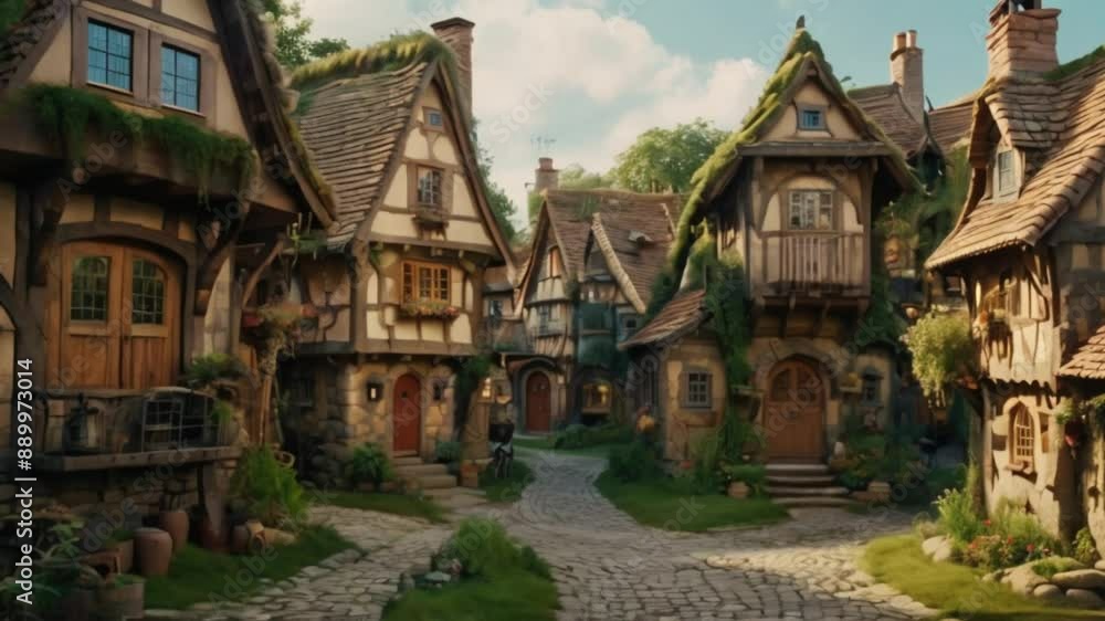 An enchanted village with whimsical houses, cobblestone streets, and friendly mythical creatures An enchanted village with whimsical houses, cobblestone streets, and friendly mythical creatures