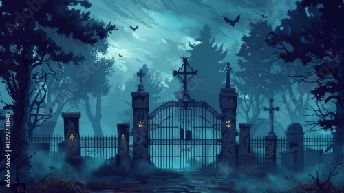 Gate with Halloween theme background. Scary cemetery gate. Concept of Halloween Day and Pumpkin Day