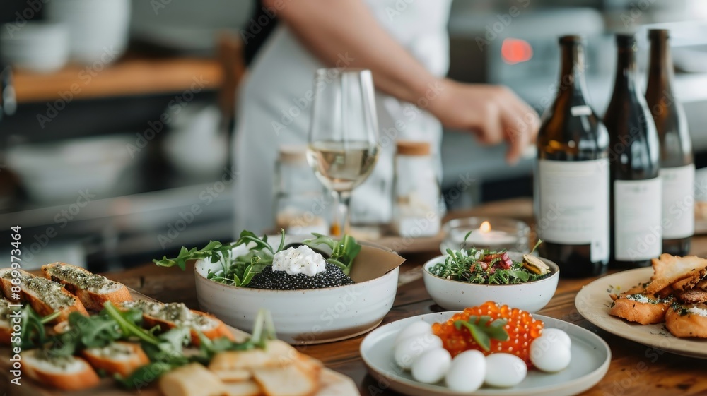 A rustic wooden table laden with a variety of caviar dishes. A rustic wooden table laden with a variety of caviar dishes.