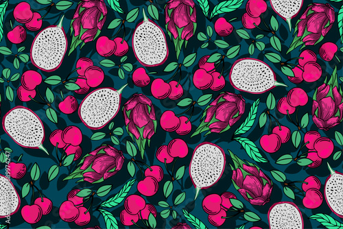 seamless pattern cherry and dragon fruit vector drawing