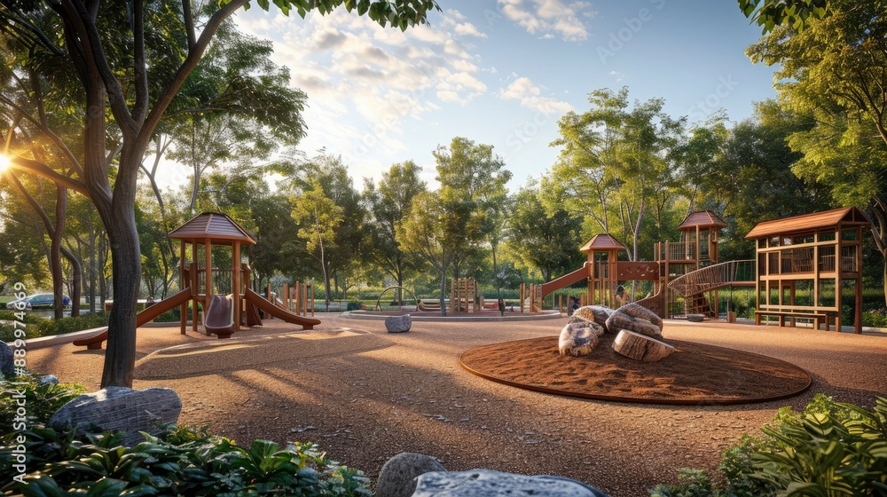 A playground with a nature-themed design, featuring wooden structures and natural materials, blending seamlessly into the surrounding park. A playground with a nature-themed design, featuring wooden structures and natural materials, blending seamlessly into the surrounding park.