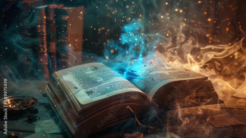 Collage picture image of magical open book with speel for dark magic Collage picture image of magical open book with speel for dark magic