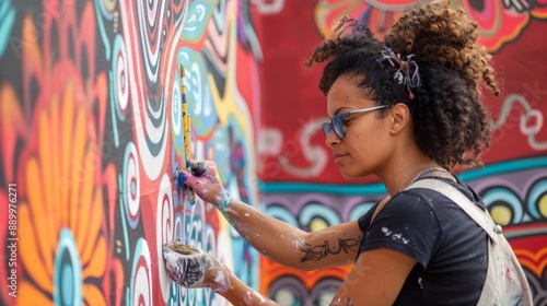 A skilled artist working on a mural, painting a large, colorful design on a wall