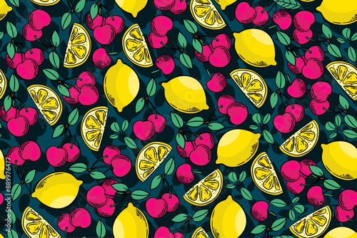 seamless pattern cherry lemon vector drawing