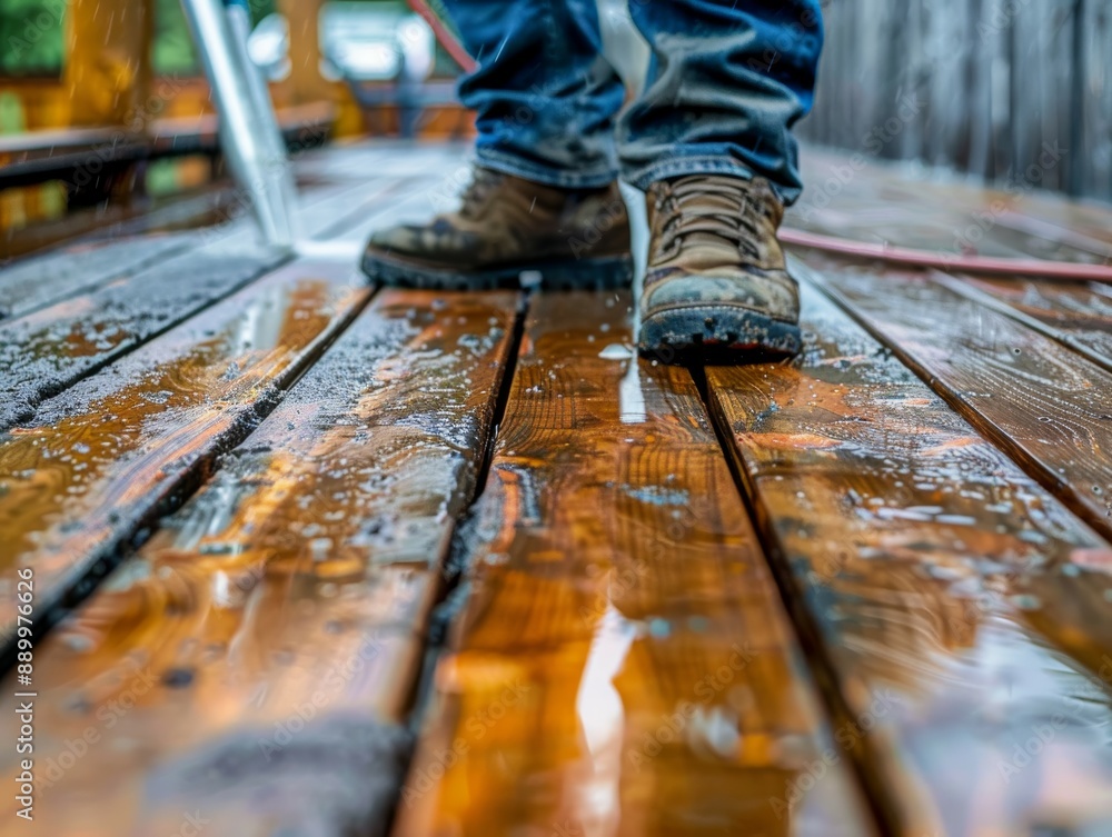 A detailed view of a worker using a deck cleaner solution to remove stains and discoloration A detailed view of a worker using a deck cleaner solution to remove stains and discoloration