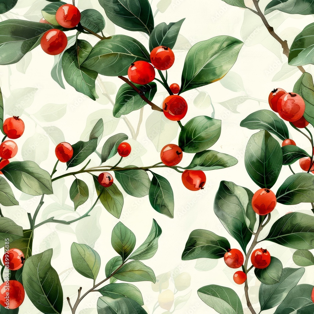 Watercolor mistletoe seamless repeating pattern, minimal pattern, high contrasty Watercolor mistletoe seamless repeating pattern, minimal pattern, high contrasty