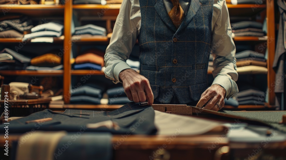 A skilled tailor measuring fabric and cutting patterns, creating a custom suit in a tailoring shop A skilled tailor measuring fabric and cutting patterns, creating a custom suit in a tailoring shop