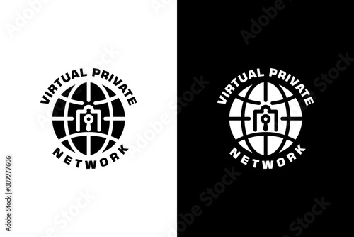 Logo features a globe and a padlock. Perfect for VPN services or products, conveying protection and privacy for online activities. VPN Connection vector icon.