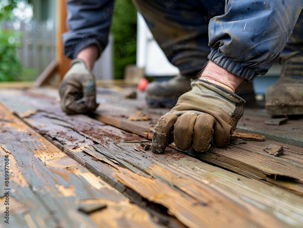 Close-up of hands wearing gloves, repairing a wooden deck by removing damaged planks. Focus on restoration work and hands-on labor. Close-up of hands wearing gloves, repairing a wooden deck by removing damaged planks. Focus on restoration work and hands-on labor.