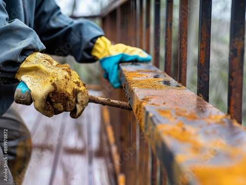 Person removing rust from iron railings with a brush, wearing protective gloves and jacket on a rainy day, close-up view. photo