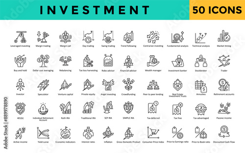 Investment icon set with stockbroker, trader, investor, speculator, venture capital, private equity, angel investing, crowdfunding, peer to peer lending icon. Simple line vector 
