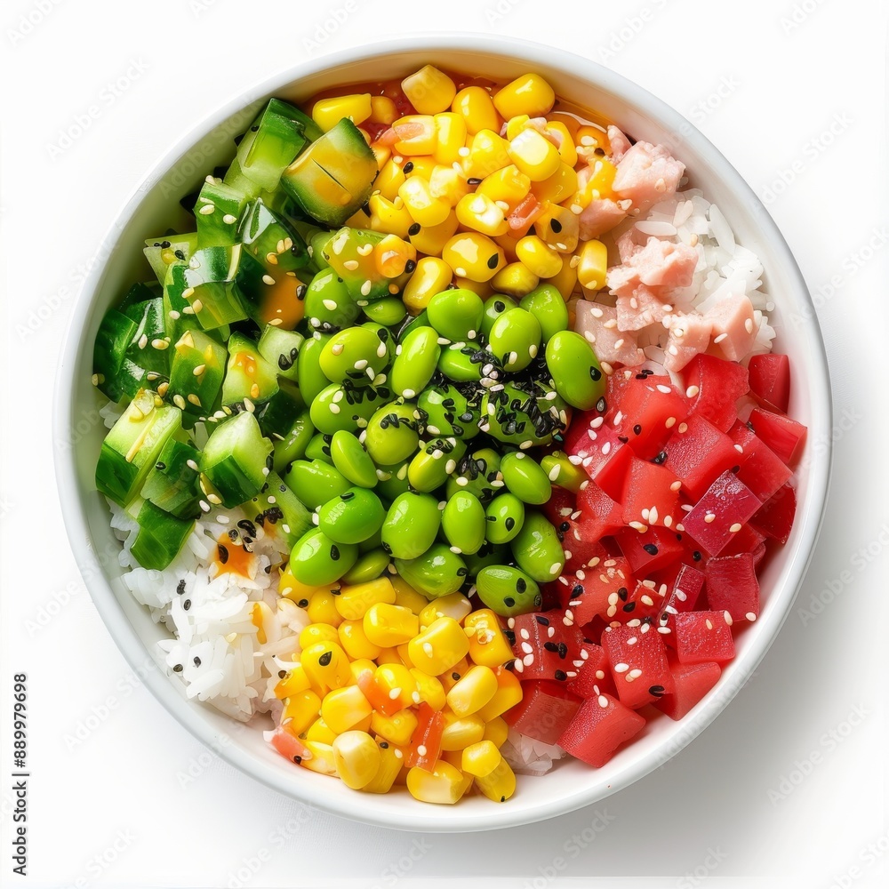 Fresh Tuna Poke Bowl with Edamame, Tomato, Corn, and Cucumber. Nutritious Food Picture Fresh Tuna Poke Bowl with Edamame, Tomato, Corn, and Cucumber. Nutritious Food Picture