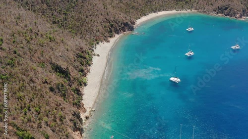 Aerial Flight Over Beach and Blue Waters with Sailboats, Tilting Up to Horizon, British Virgin Islands