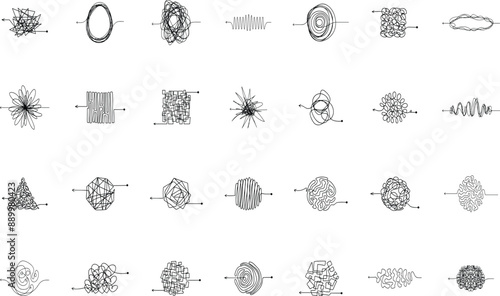 Messy scribble arrow lines. Chaotic doodle line ravel tangle, hand drawn confused messy knot