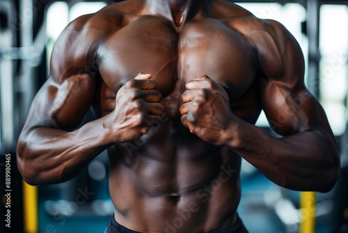 man with a muscular chest and arms is flexing his muscles. Concept of strength and confidence