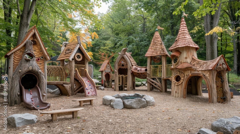 Obraz premium A playground with a fairy tale theme, featuring enchanted forest play structures and children pretending to be magical creatures.