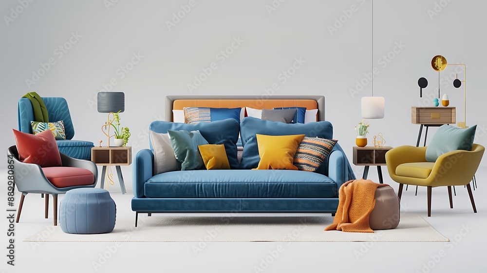 Cozy bedroom room setting with a blue sofa and various colored chairs, against a solid white background. Cozy bedroom room setting with a blue sofa and various colored chairs, against a solid white background.
