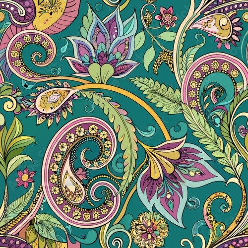 seamless pattern of paisley motifs intertwined with vines and leaves, Generative AI photo