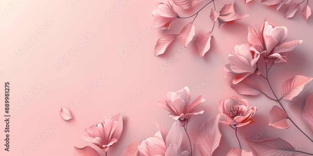 Pink flowers on a pink background with other floral elements. Pink flowers on a pink background with other floral elements.
