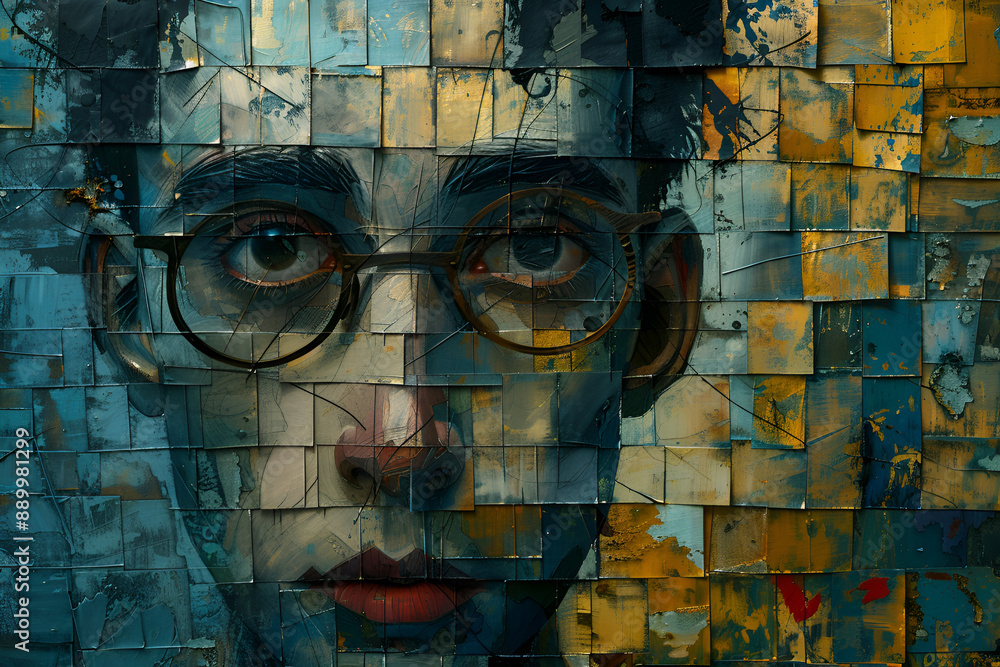 Graffiti on a brick wall with man's face in sunglasses.