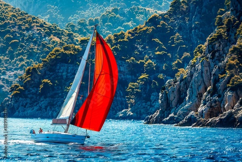 A sailboat with red sails sailing in the ocean. photo