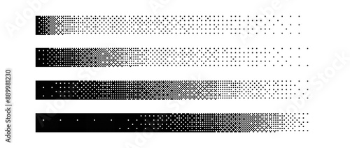 Halftone horizontal gradient border set. Black long dotted header or footer collection. Pixelated rectangle decoration element for banner, poster, advertisement, card, cover. Vector