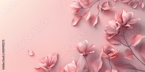 Pink flowers on a pink background with other floral elements.