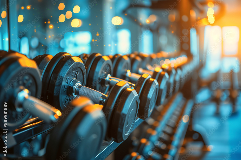 row of black dumbbells are lined up on a rack. The dumbbells are all the same size and color, and they are all facing the same direction. The scene is very organized and clean row of black dumbbells are lined up on a rack. The dumbbells are all the same size and color, and they are all facing the same direction. The scene is very organized and clean
