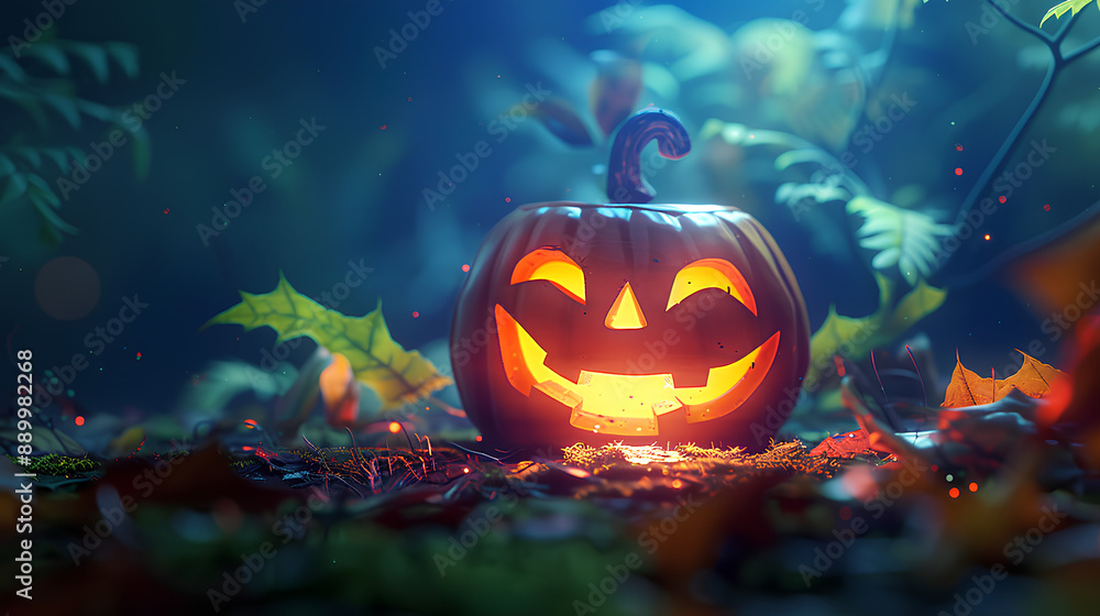 Fototapeta premium Closeup of cute funny laughing jack o lantern, illuminated by the moon light.