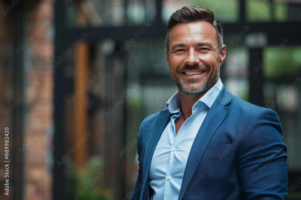 man in a blue suit and white shirt is smiling. He looks happy and confident. Concept of positivity and success man in a blue suit and white shirt is smiling. He looks happy and confident. Concept of positivity and success