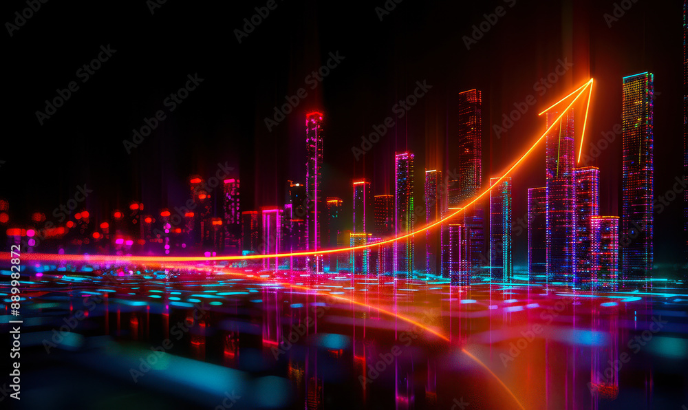 Futuristic Technicolor Cityscape with Neon Stocks Growth Arrow at Night - Vibrant Financial Market Illustration, Abstract Economic Success Concept Futuristic Technicolor Cityscape with Neon Stocks Growth Arrow at Night - Vibrant Financial Market Illustration, Abstract Economic Success Concept