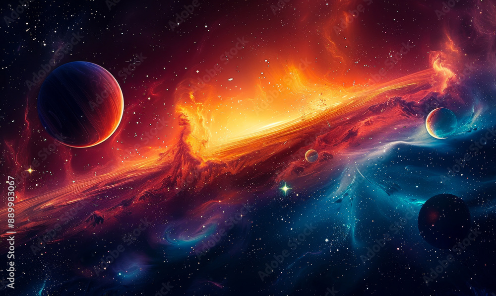 Vibrant Cosmic Nebula with Planets in Deep Space, Stunning Interstellar Scenery, Colorful Galactic Background, Astronomical Art, Universe Exploration Concept, Celestial Phenomena Vibrant Cosmic Nebula with Planets in Deep Space, Stunning Interstellar Scenery, Colorful Galactic Background, Astronomical Art, Universe Exploration Concept, Celestial Phenomena